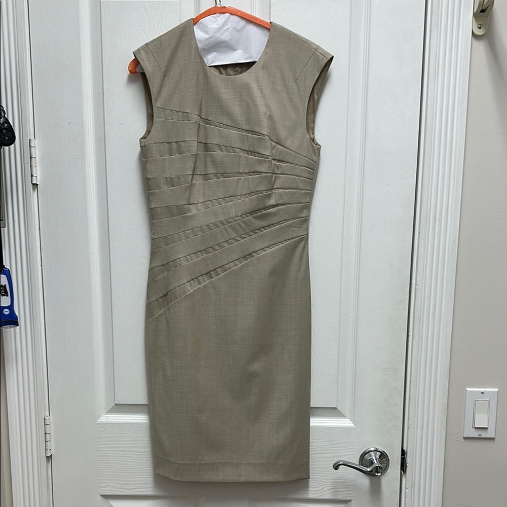 Hugo Boss Tan Asymmetrical Pleated Midi Dress